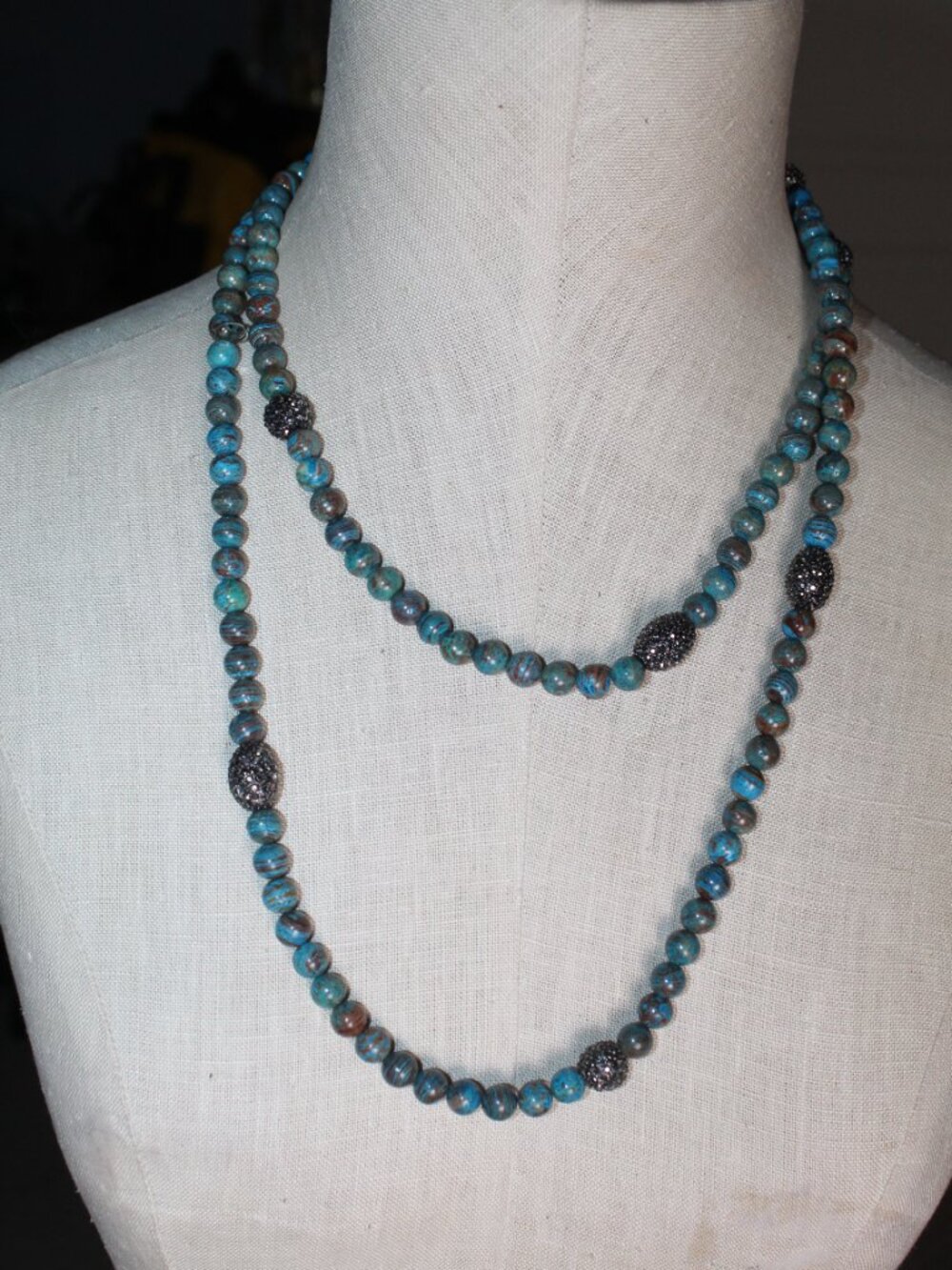 Turquoise Brown Striated Bead w Marcasite Accent Beads 48" Necklace